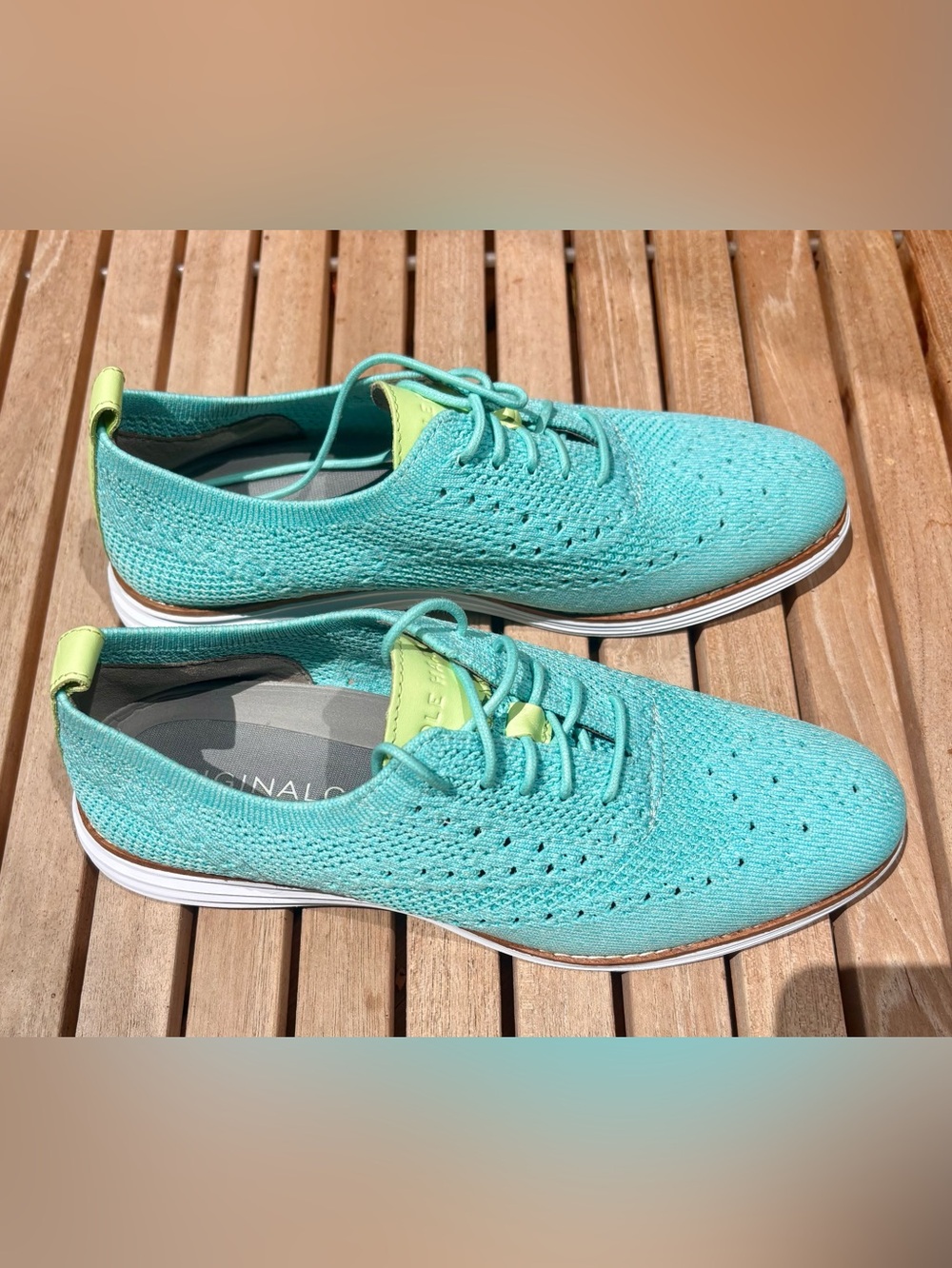Cole Haan Original Grand Aqua Knit Lace-Up Sneakers with Lime Accent 8.5